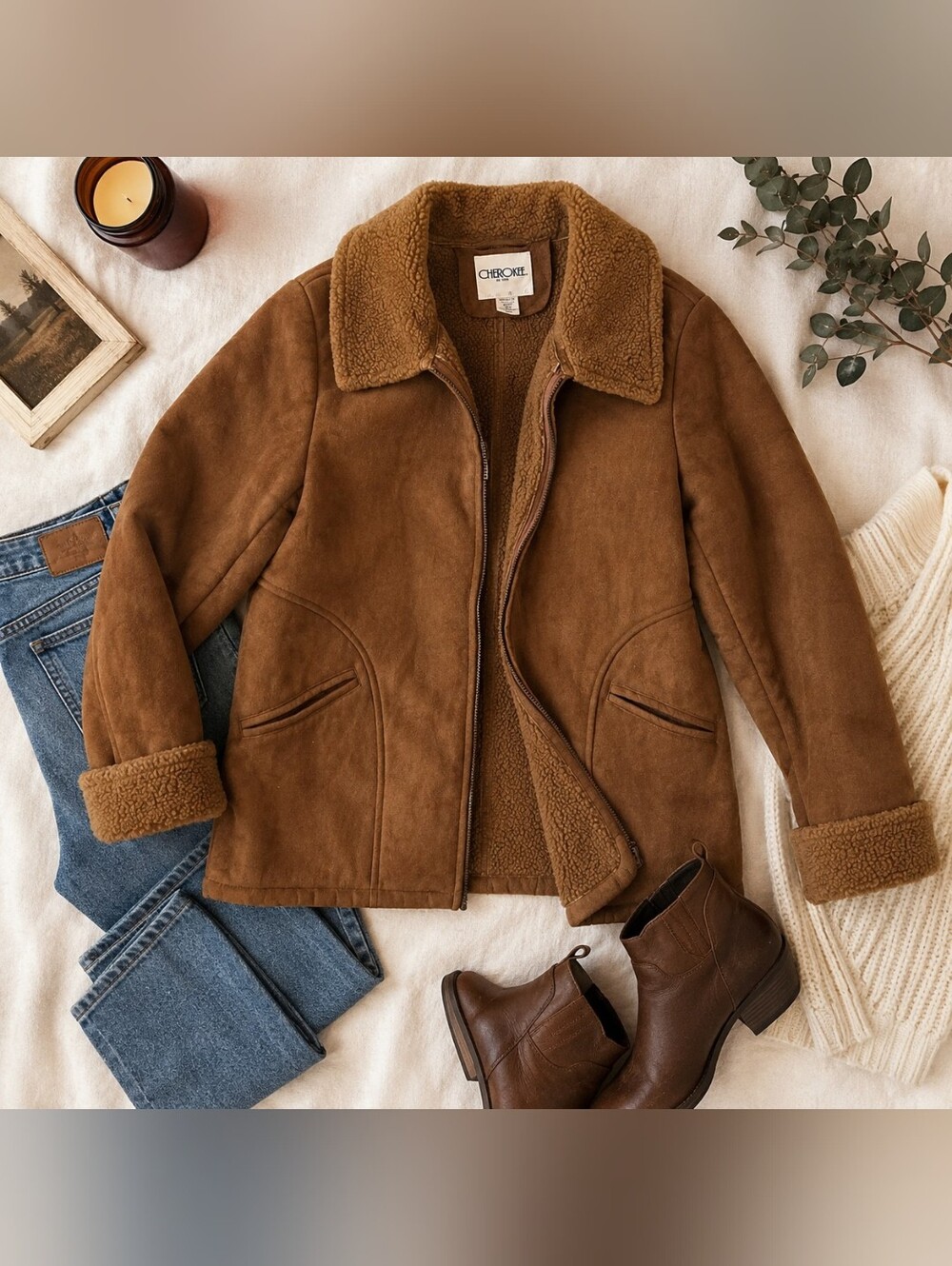 Vintage Cherokee Faux Suede Shearling Jacket Brown Cozy Lined Zip Coat Women XL